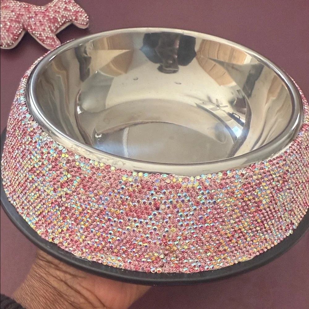 Rhinestone Pink & Silver Doggie Bowl and Rhinwstone Keychain